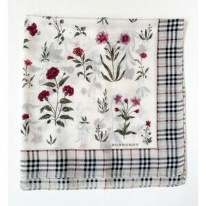 Burberry Scarf Nova Check Plaid White w/ Pink Floral Pattern Flowers Nature